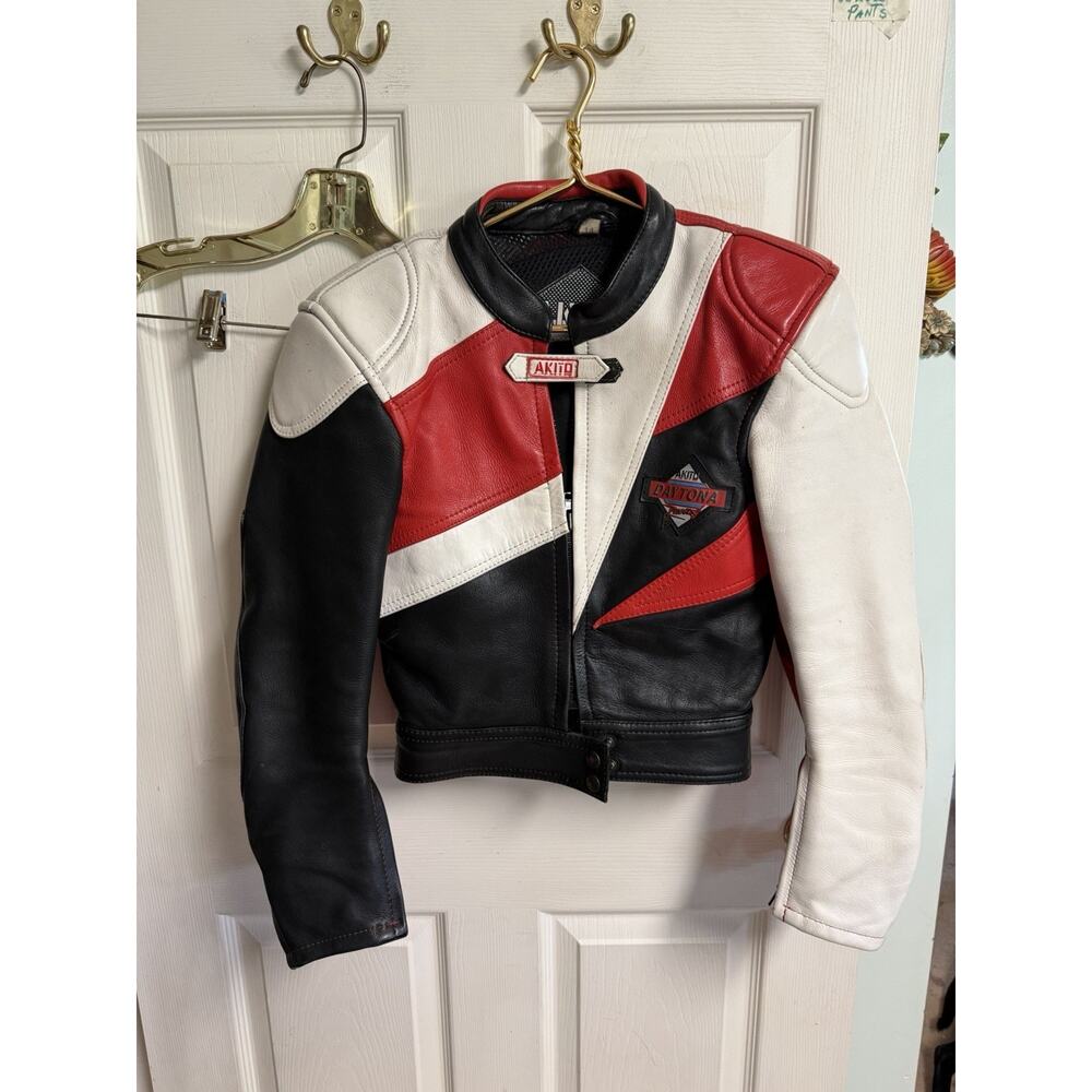 Akito Vnt 90s Racing Moto Leather Jacket Euro Red Black Sz 14 34x19 Crop White